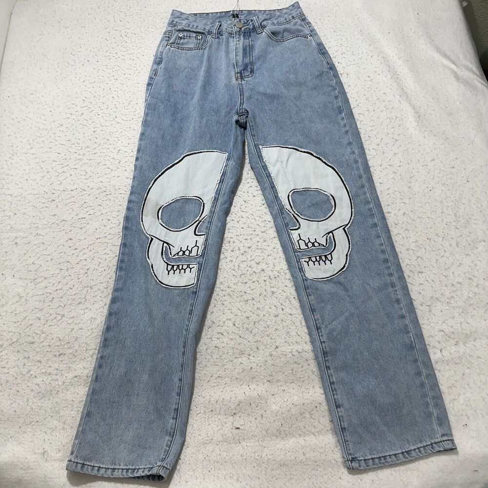 Gilipur Women's Small (26x29) High Rise Straight Leg Skull Jeans Light Blue